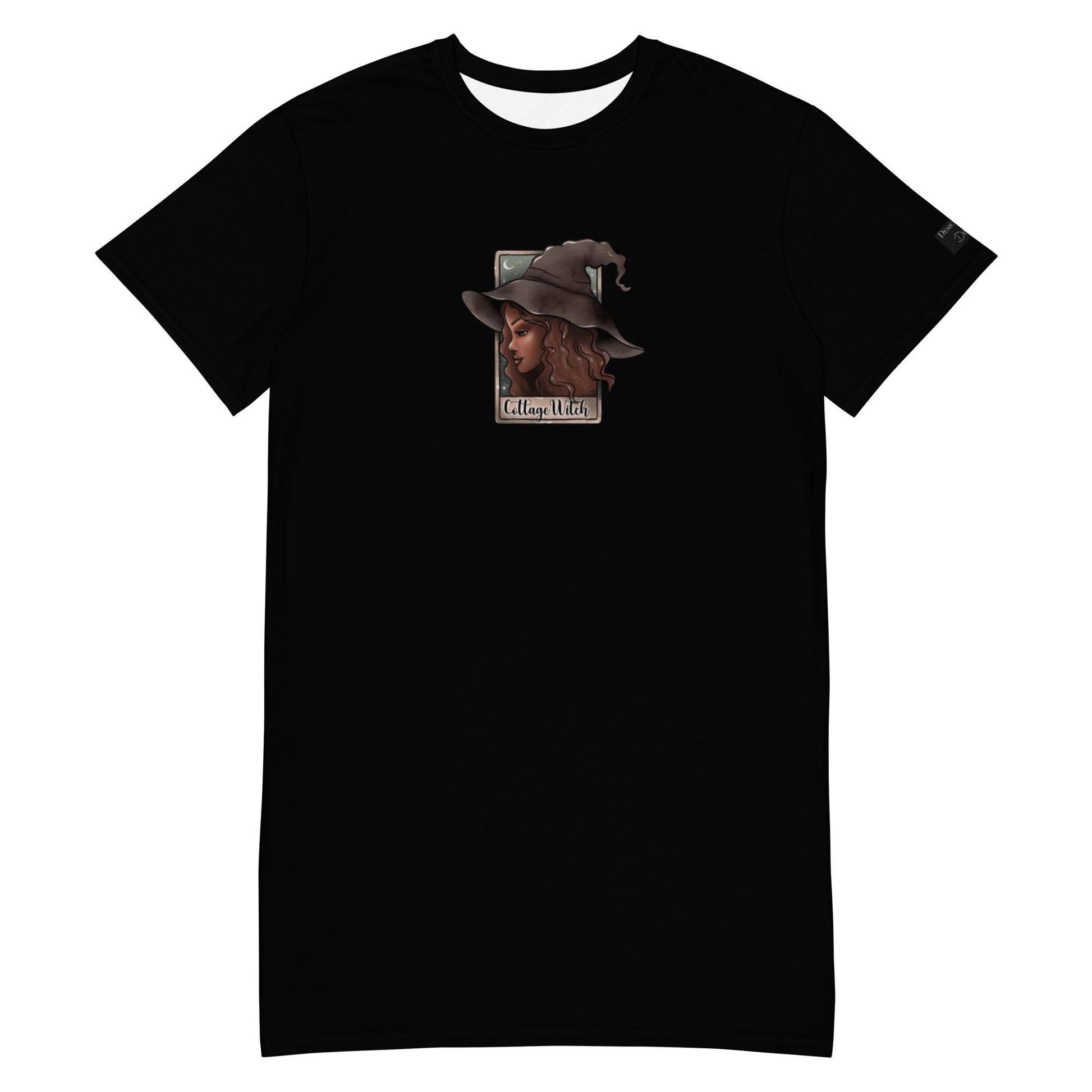 Black Cottage Witch T-Shirt Dress by Printful, all-over print with witch and cottage design, front view, in XS to 3XL sizes.