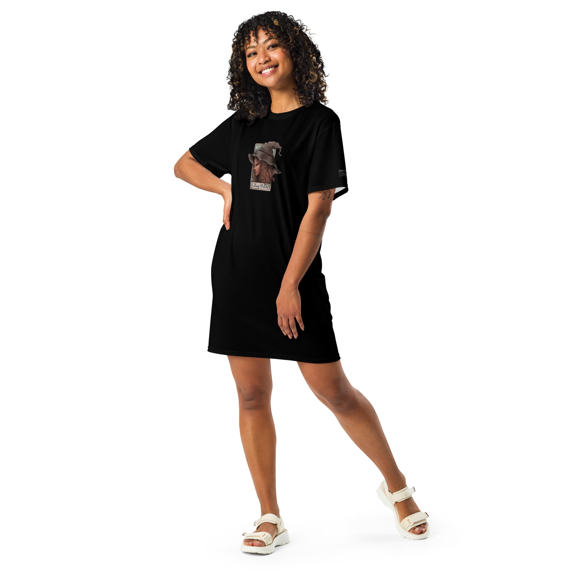 Black Cottage Witch T-Shirt Dress by Printful, all-over print, front view, casual dress in XS to 3XL size.
