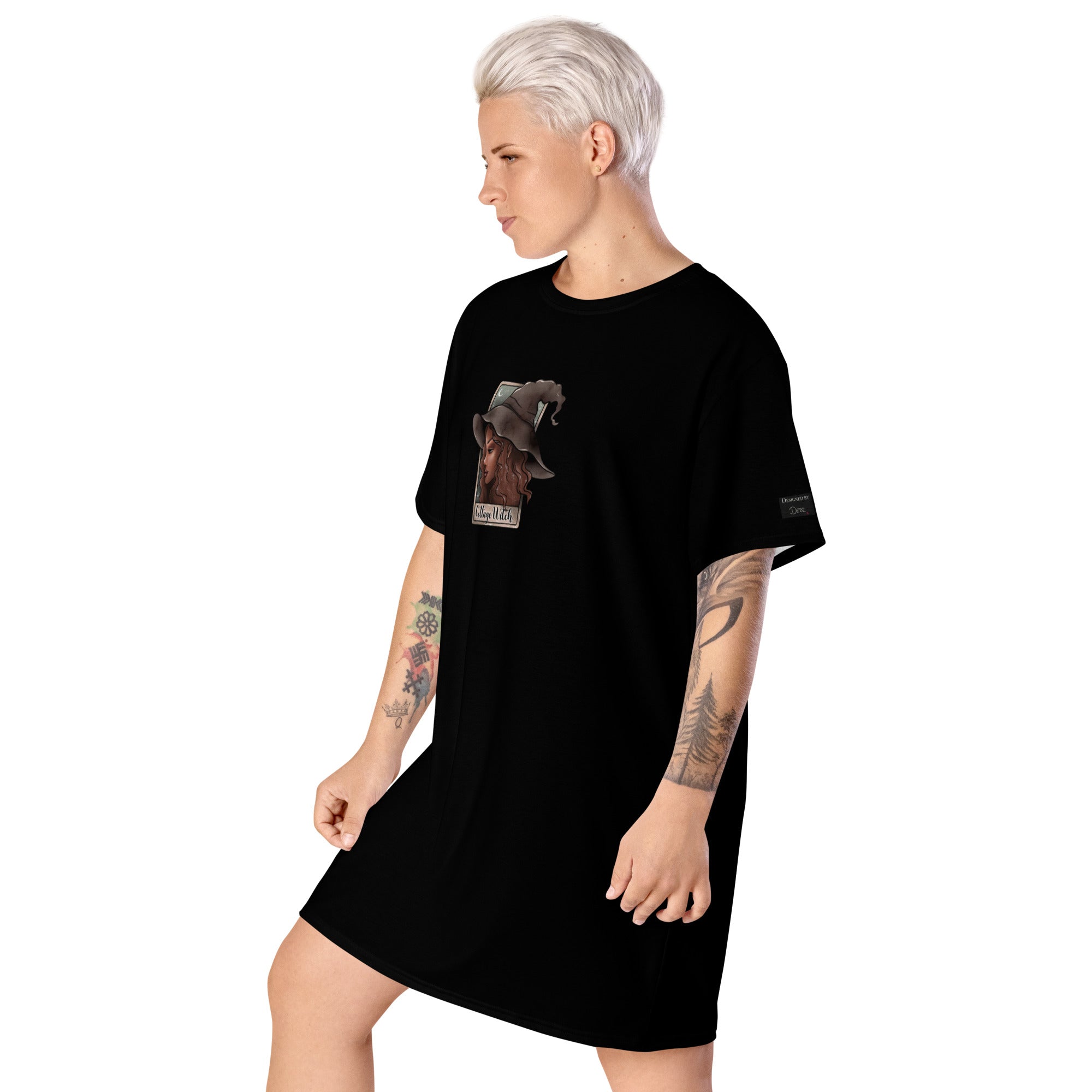 Black Cottage Witch T-Shirt Dress by Printful, all-over print, front view, casual dress in XS-3XL size