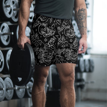 Unisex athletic long shorts by Printful with black and white tattoo print, made from recycled materials, front view.