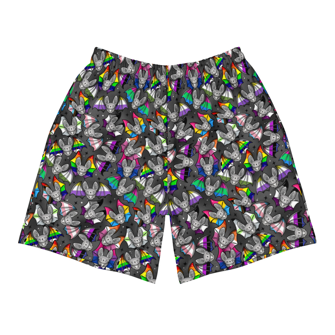 Unisex Pride Bats athletic swim trunks with all-over print in white, featuring colorful bat designs by Printful.