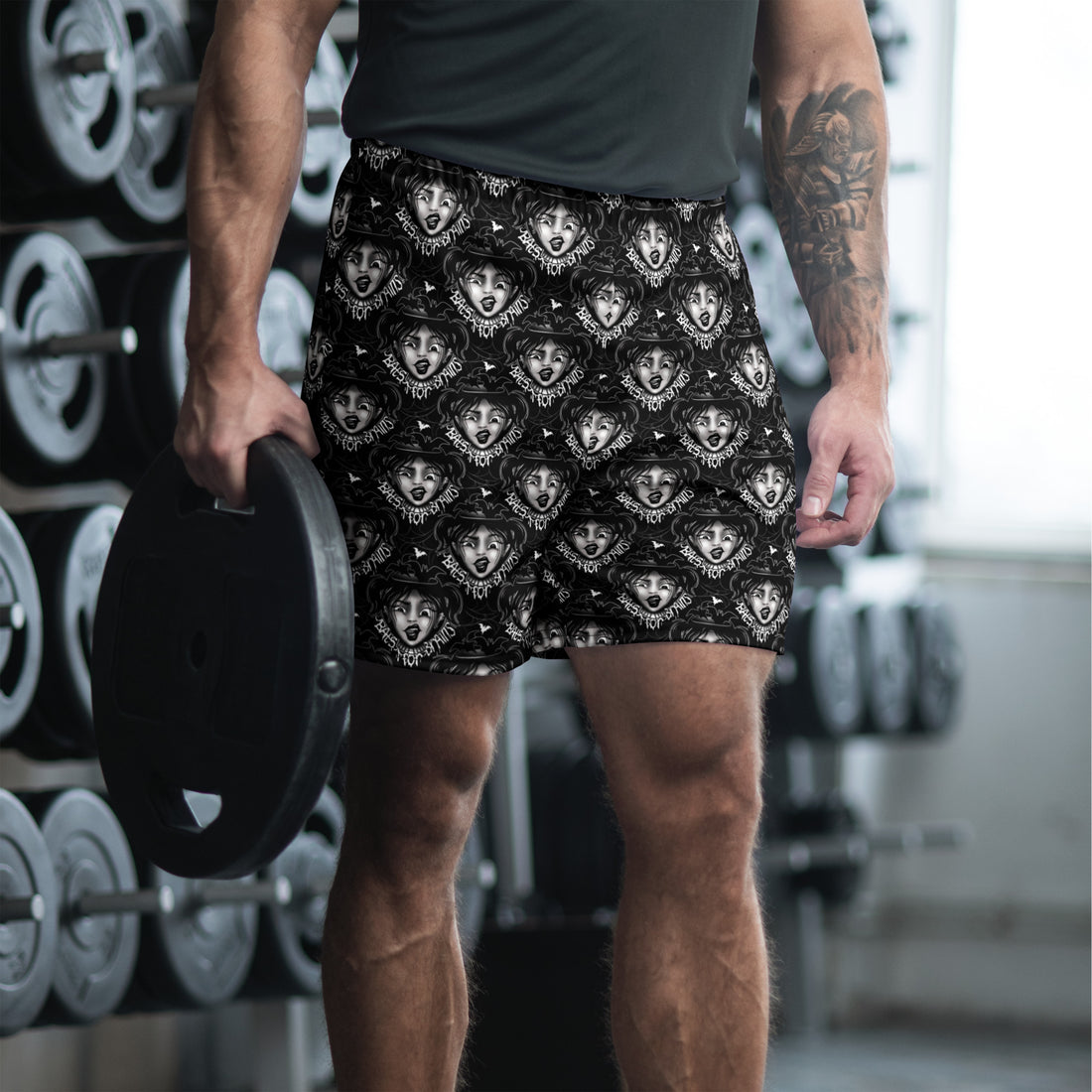 Unisex athletic long swim shorts by Printful with all-over white print and no liner, designed for active water sports.