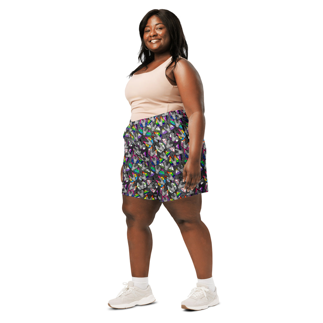 Unisex Pride Bats athletic swim trunks with all-over colorful print, white background, front view, by Printful.