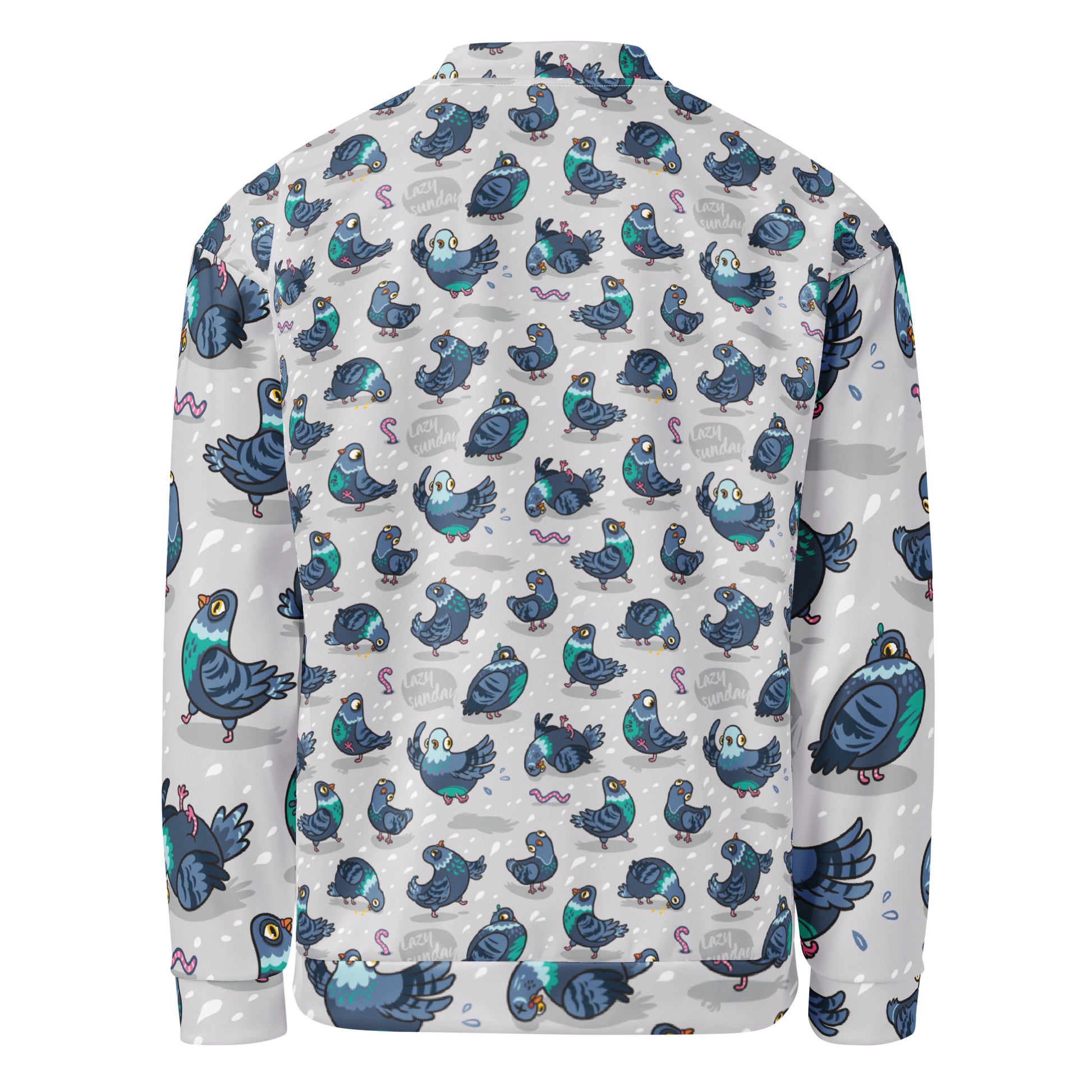 Unisex Silly Pigeon bomber jacket by Printful with all-over white print, featuring a casual stylish design and ribbed collar.