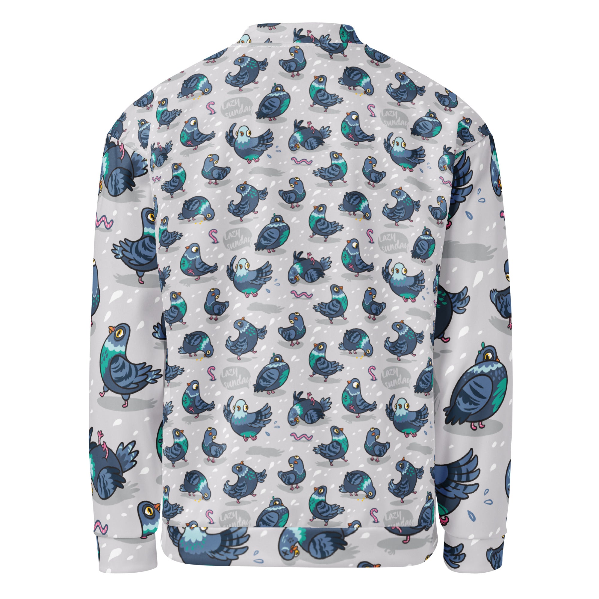 Unisex Silly Pigeon bomber jacket by Printful with all-over white print, featuring a casual stylish design and ribbed collar.