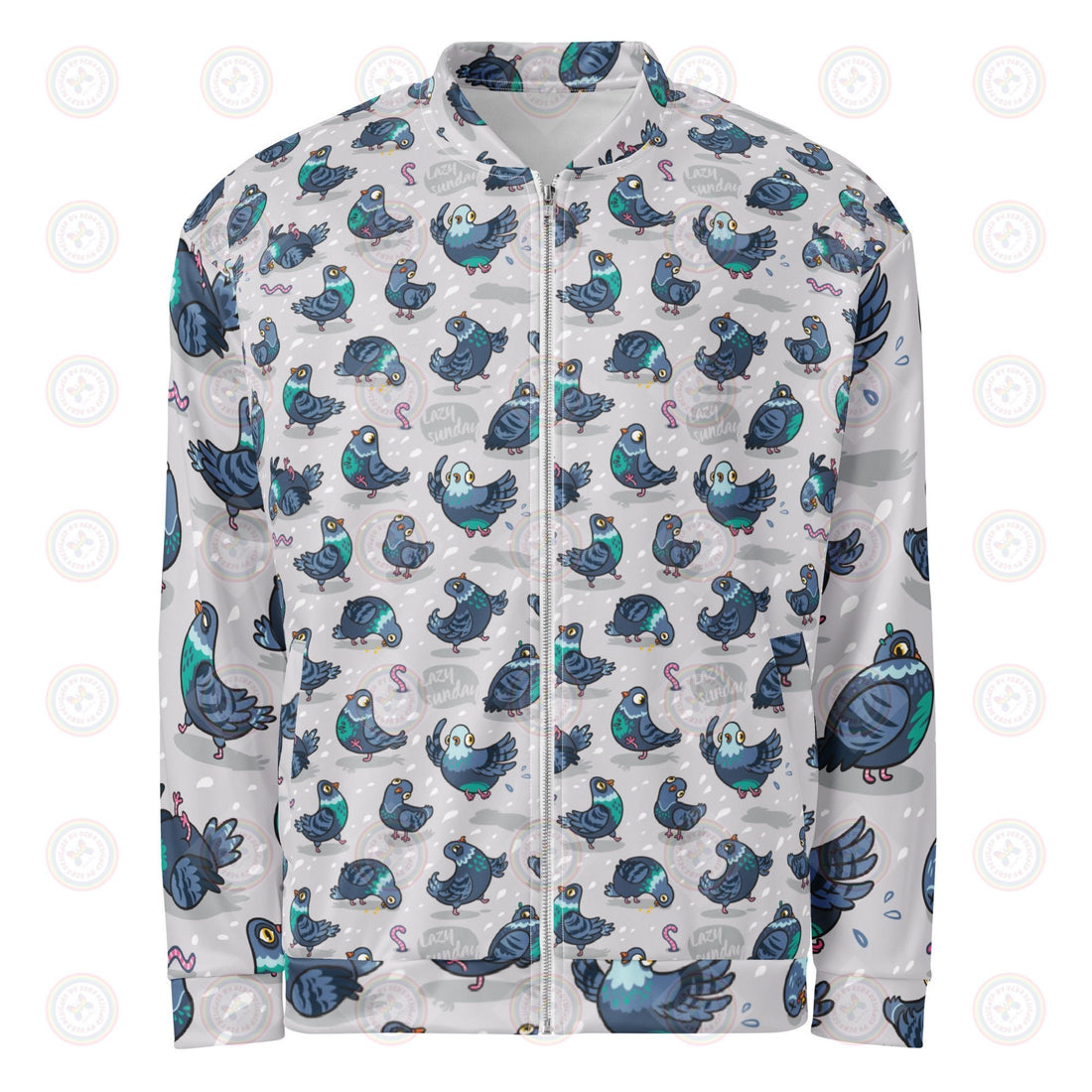 Unisex Silly Pigeon Bomber Jacket by Printful with all-over white print, front view showcasing stylish casual outerwear.