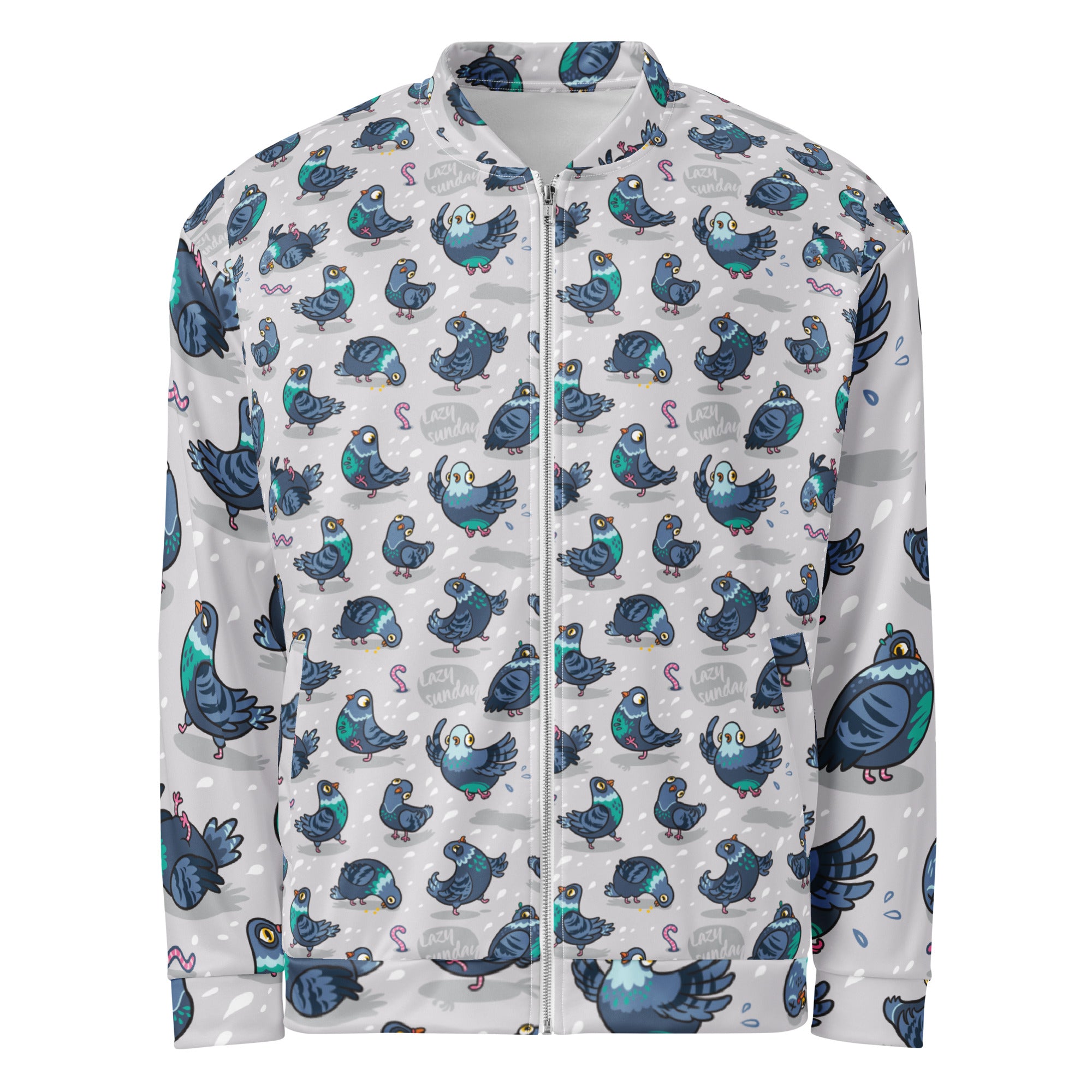Unisex Silly Pigeon Bomber Jacket by Printful with all-over white print, front view showcasing stylish casual outerwear.