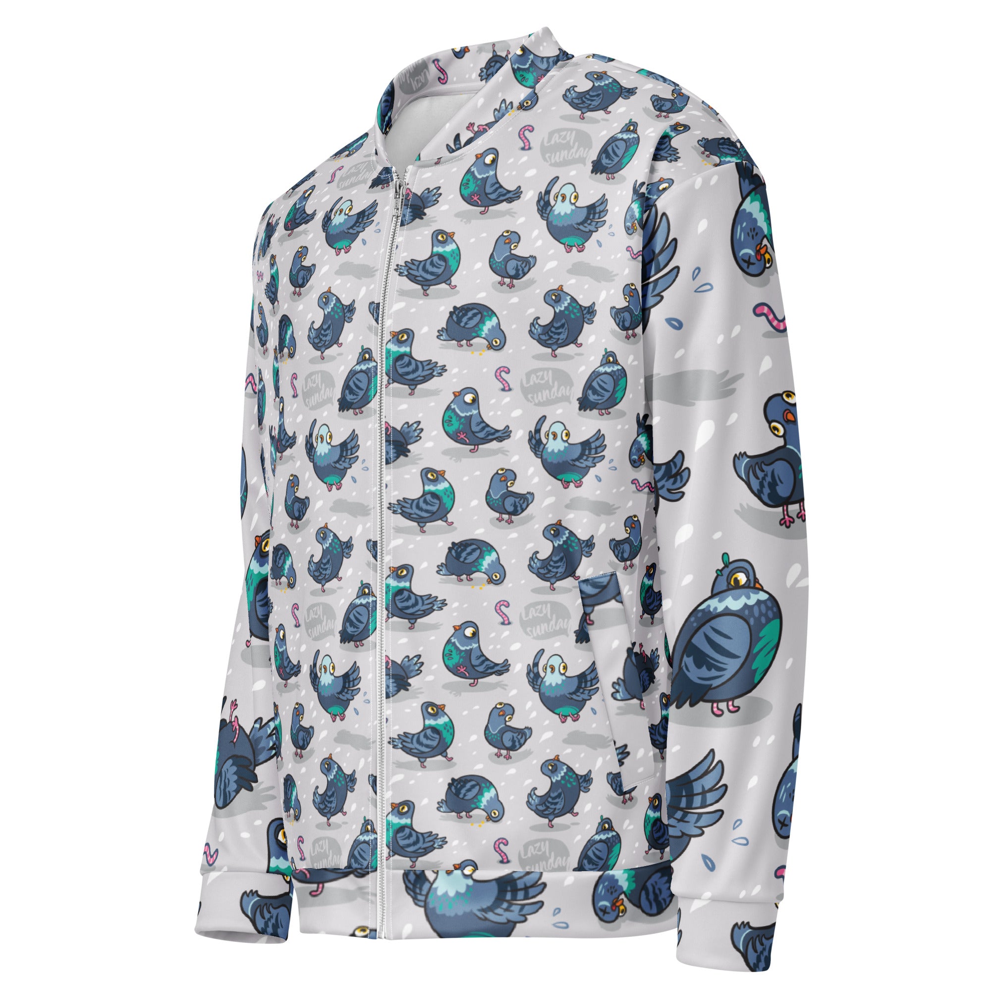 Unisex Silly Pigeon bomber jacket with all-over print in white, featuring a playful pigeon design on the front.