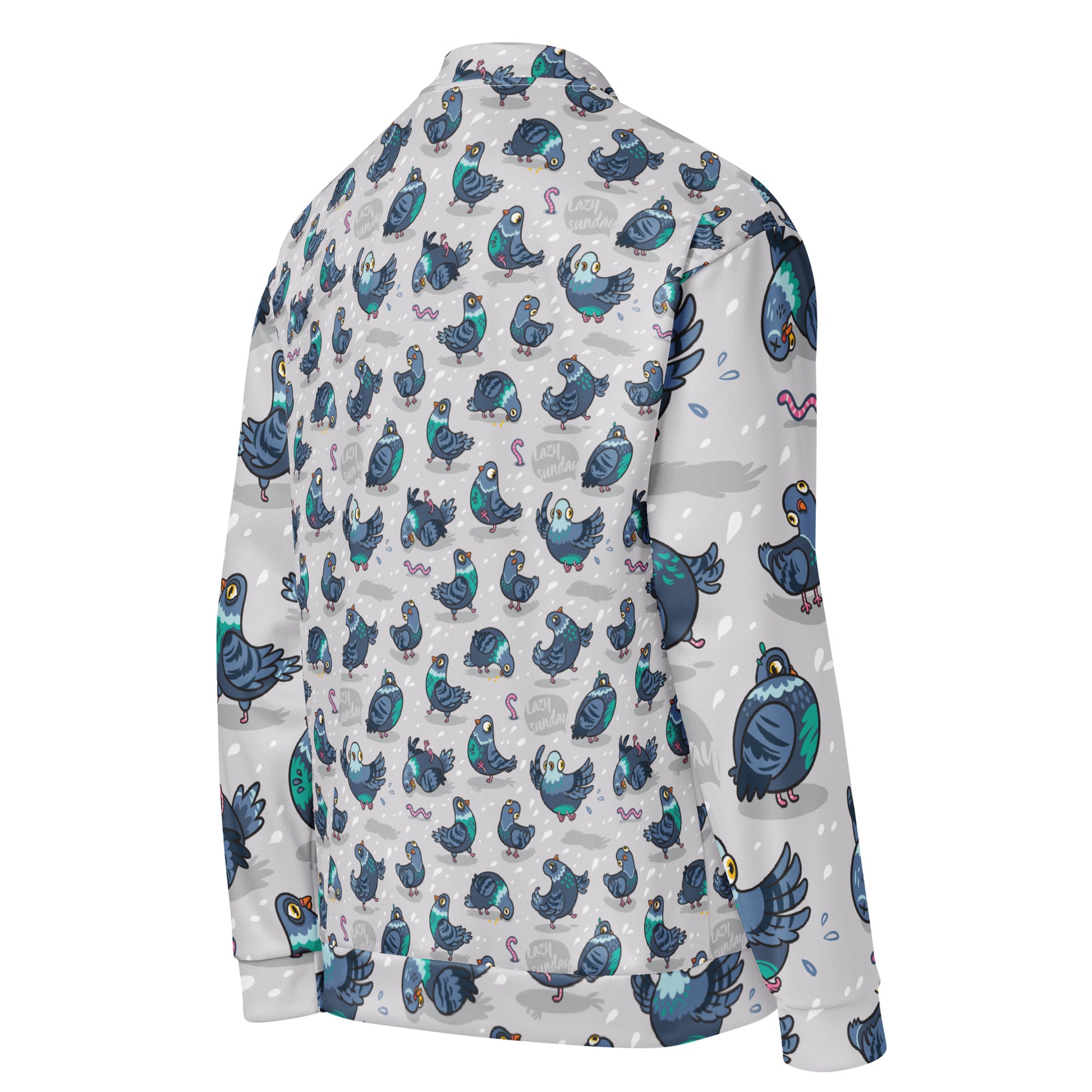 Unisex Silly Pigeon bomber jacket by Printful with all-over white print, showing the right back view.