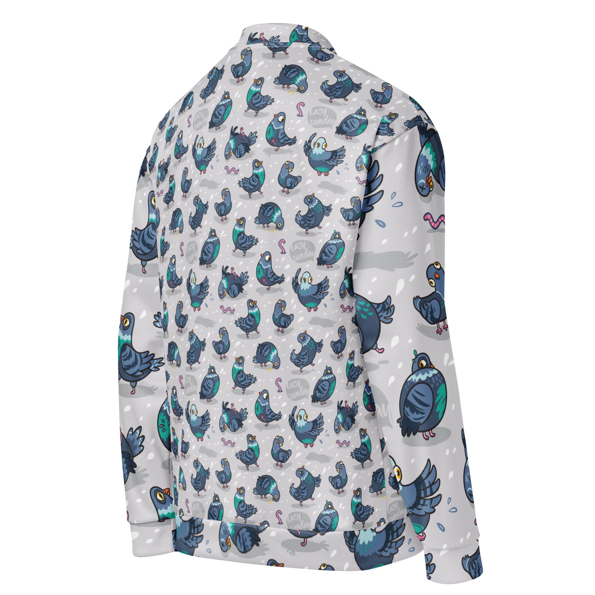 Unisex Silly Pigeon bomber jacket by Printful with all-over white print, showing the right back view.