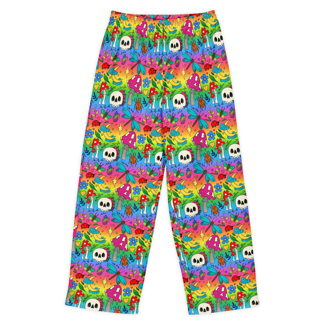 Rainbow coloured joggers with gothic skulls, mushrooms nd dragonflies
