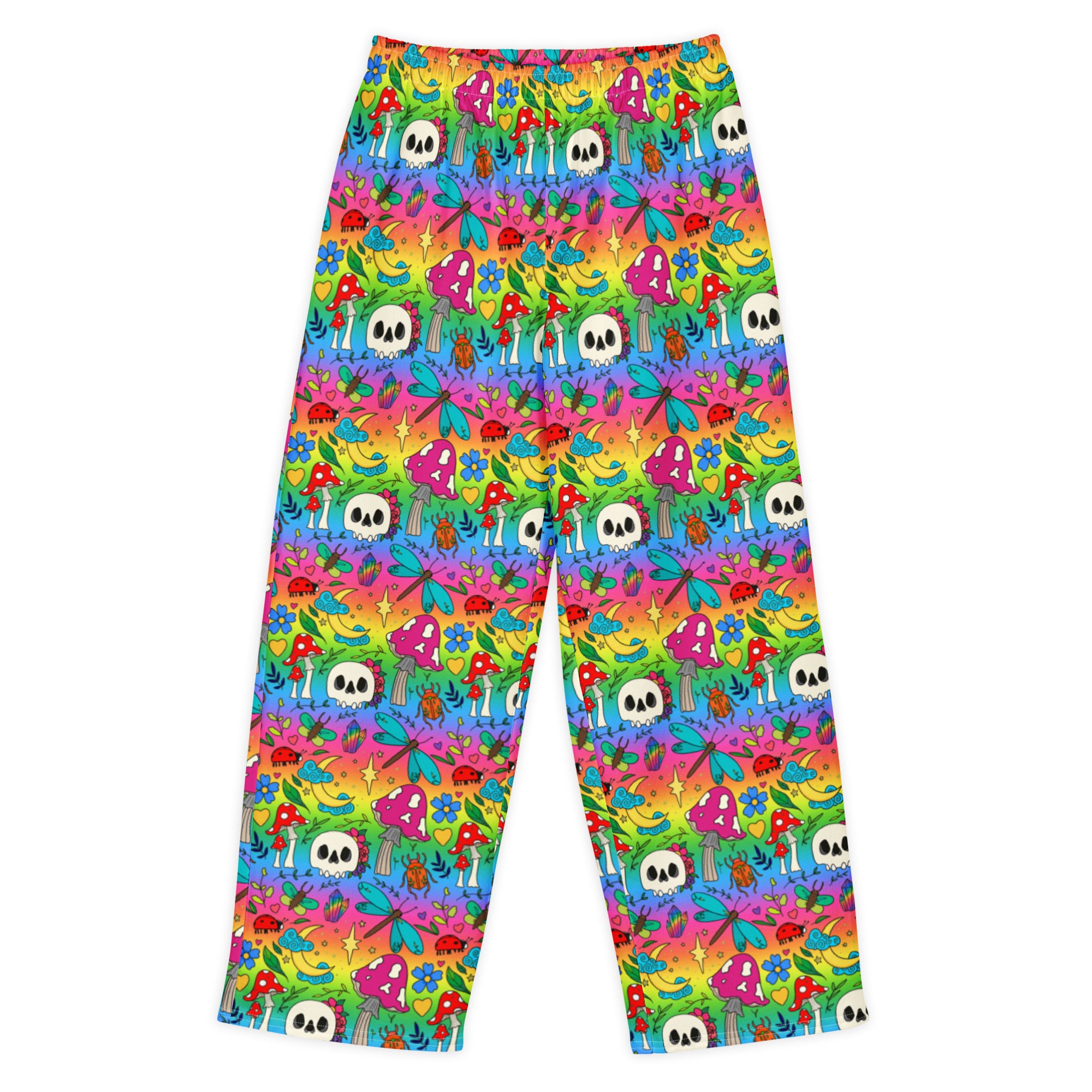Rainbow coloured joggers with gothic skulls, mushrooms nd dragonflies
