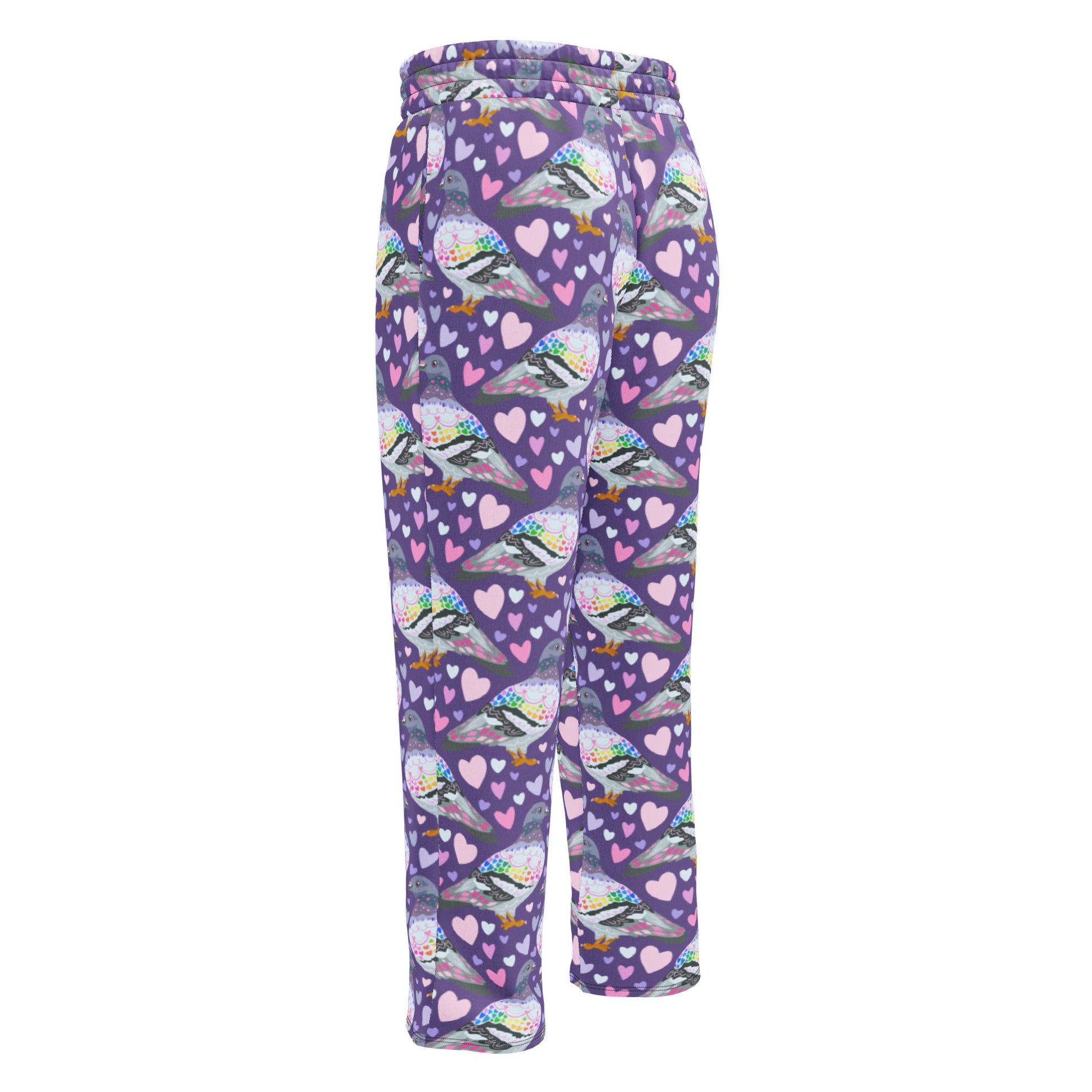 All-over print unisex wide-leg joggers with pigeon love design in white, featuring relaxed fit and comfortable style.