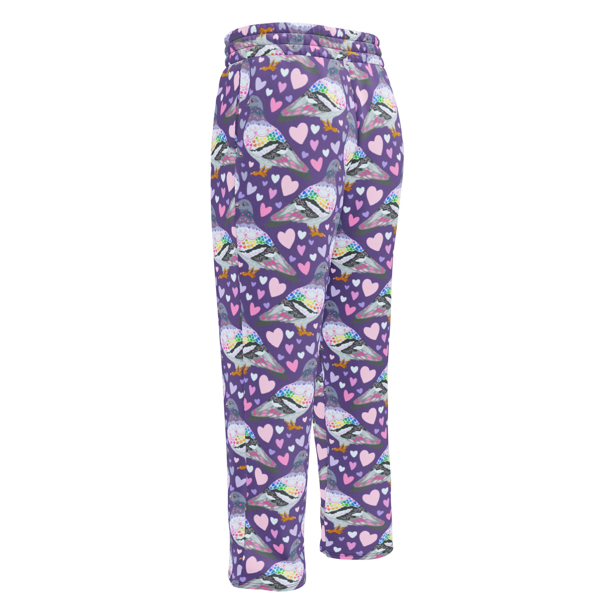 All-over print unisex wide-leg joggers with pigeon love design in white, featuring relaxed fit and comfortable style.