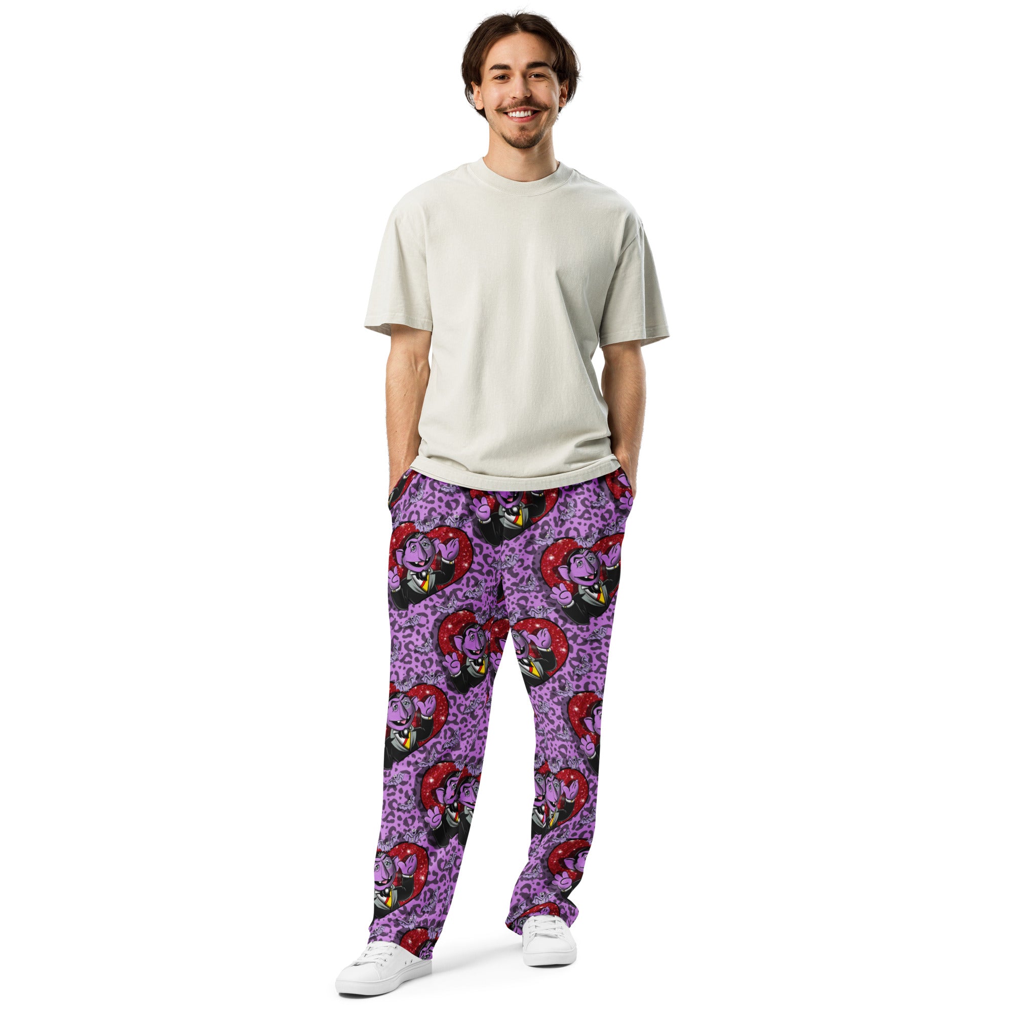 Unisex wide-leg joggers with all-over print from Counting Love by Designed By Debz, featuring a white fabric and relaxed fit.