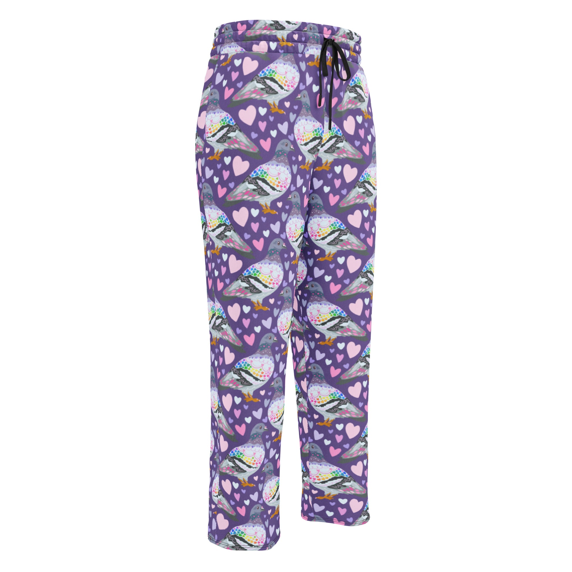 Unisex white wide-leg joggers with all-over pigeon love print from Printful, showing front view with relaxed fit and casual style.
