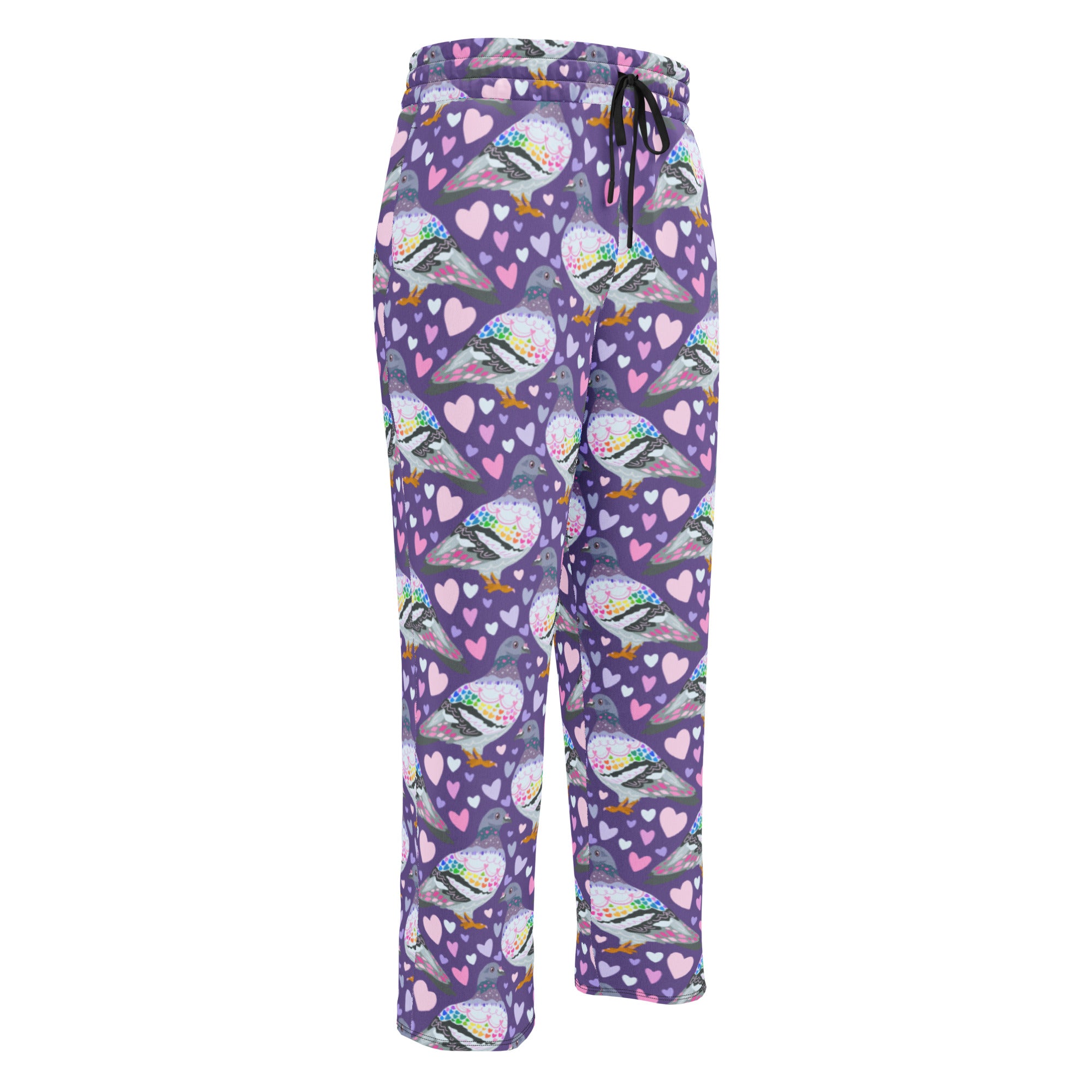 Unisex white wide-leg joggers with all-over pigeon love print from Printful, showing front view with relaxed fit and casual style.