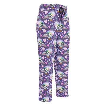 Unisex white wide-leg joggers with all-over pigeon love print from Printful, showing front view with relaxed fit and casual style.