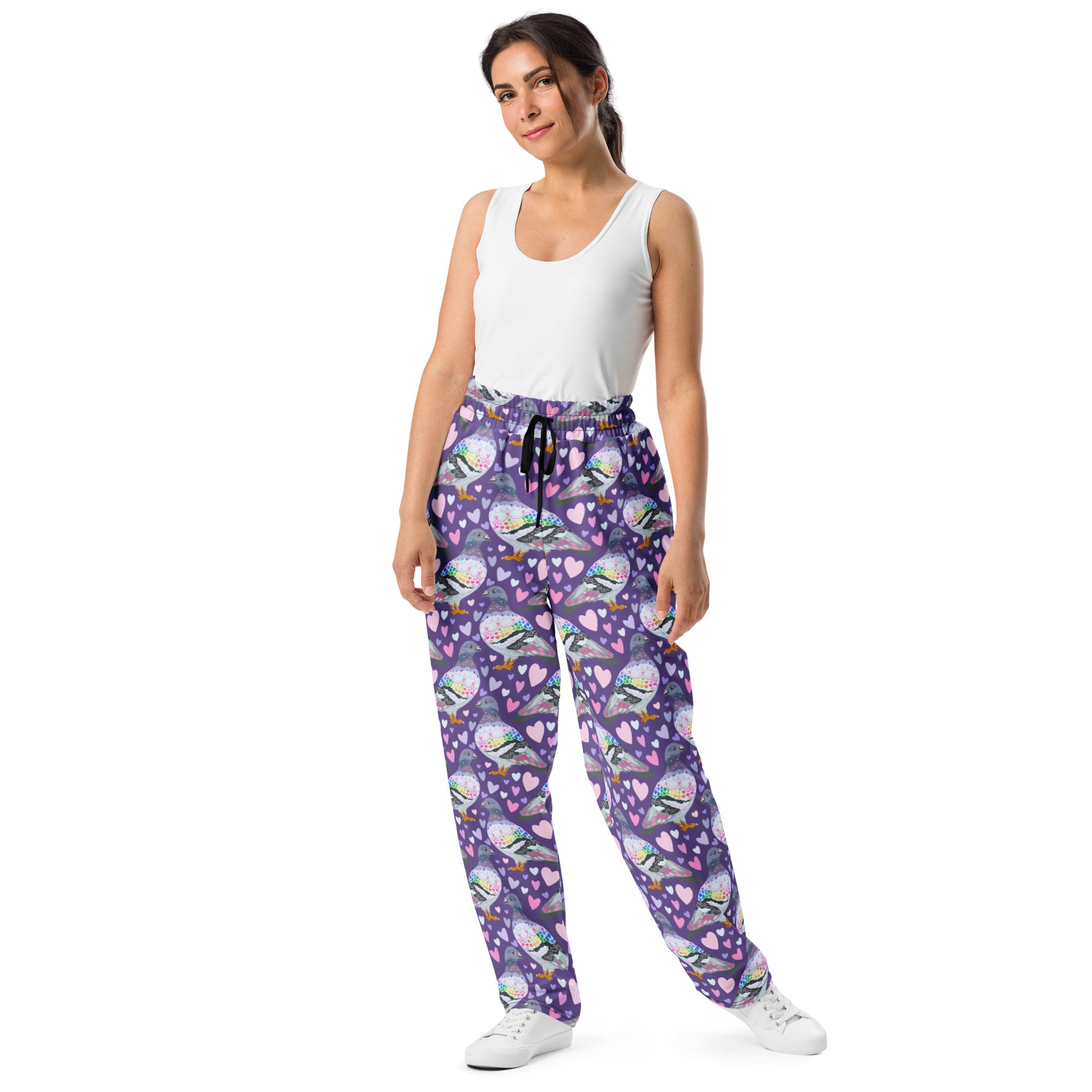 White unisex wide-leg joggers with pigeon love all-over print from Printful, featuring a relaxed fit and comfortable design.
