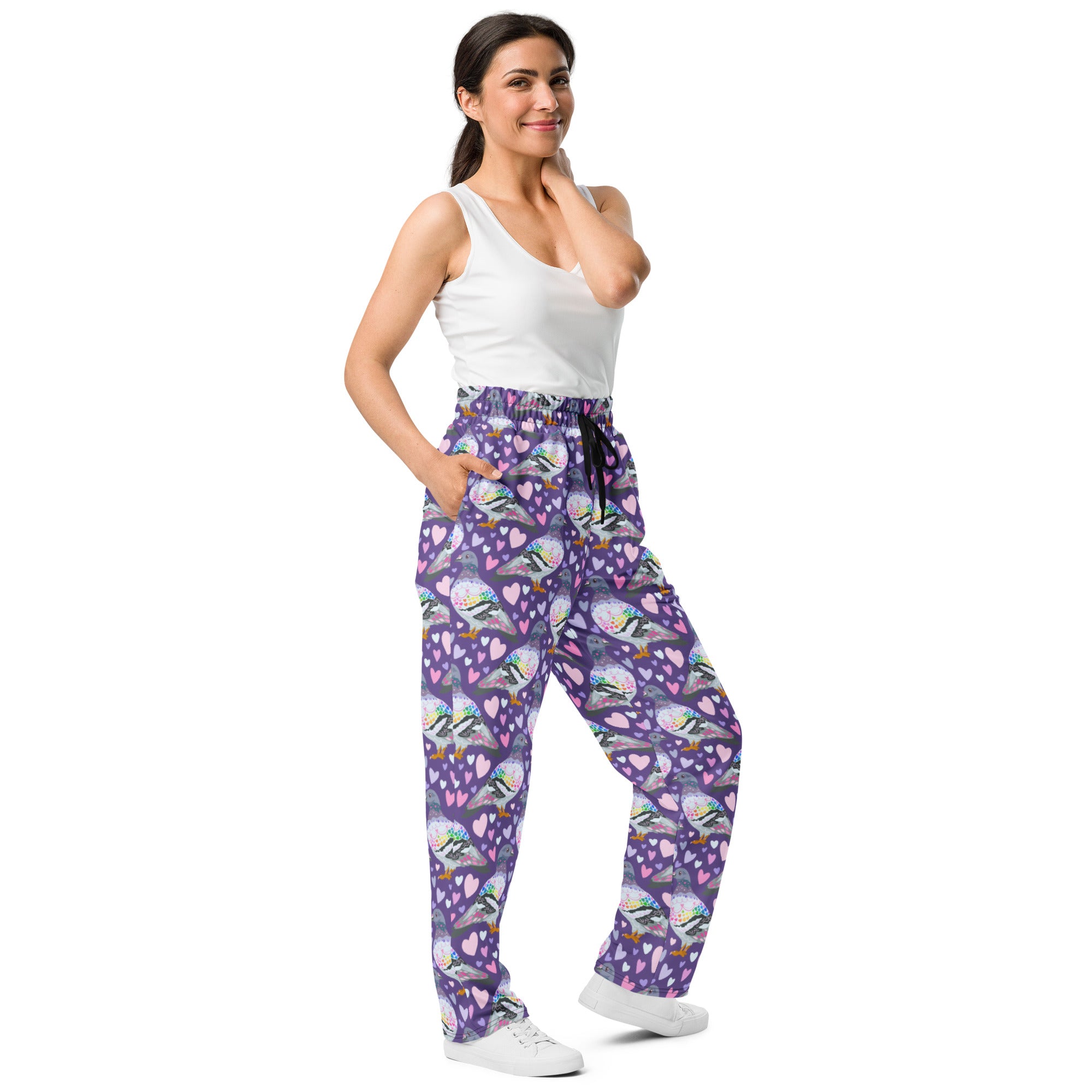 All-over print unisex wide-leg joggers with pigeon love design in white, featuring relaxed fit and comfortable style from Printful.