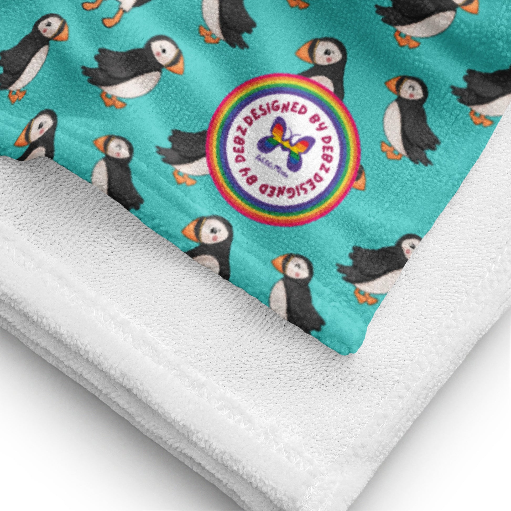 White extra large beach towel by Puffin Playtime featuring playful print, made to order, ideal for beach and pool use.