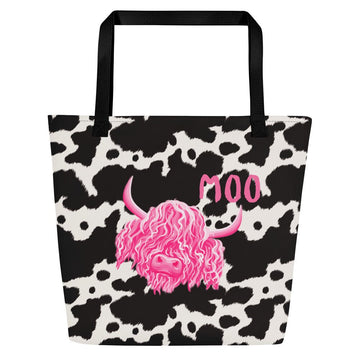 Black and white cow print tote bag by Designed By Debz, featuring a cute cow design, perfect for casual shopping or everyday use.