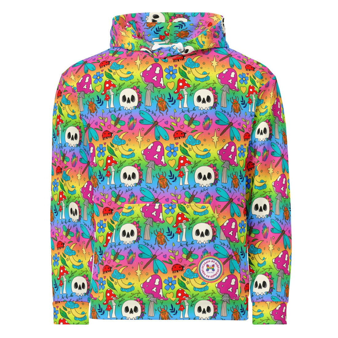 Bright rainbow cotton hoodie by Printful, handmade in Latvia, featuring vibrant spring colors and recycled fabric, available in multiple sizes.