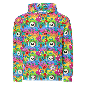 Bright rainbow cotton hoodie by Printful, handmade in Latvia, featuring vibrant spring colors and recycled fabric, available in multiple sizes.