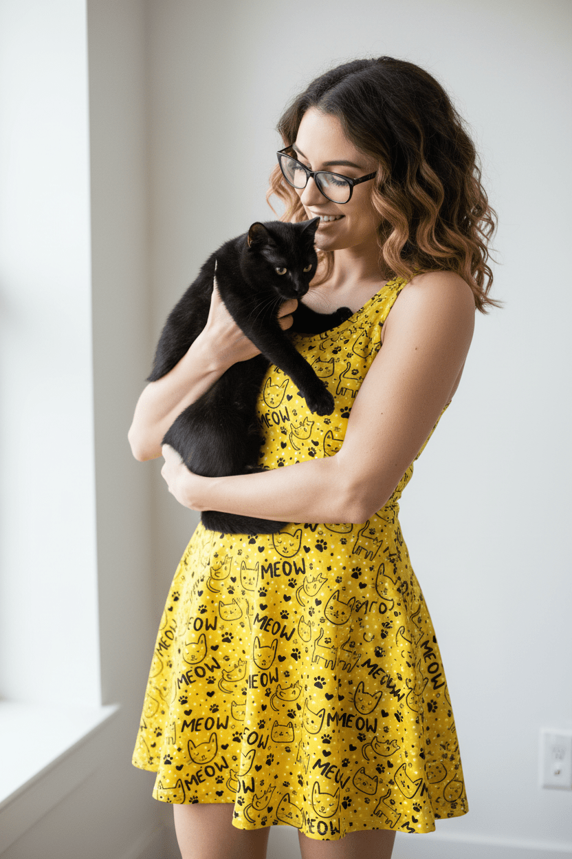 Cotton skater dress | Meow Cats on Yellow Polkadots | XS - 3XS - Designed By Debz