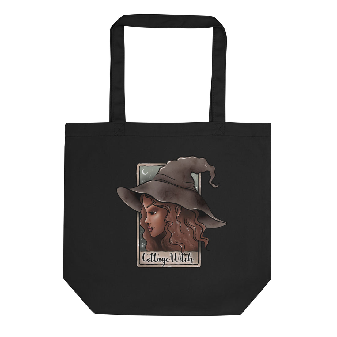A black canvas tote bag with a graphic print of a tarot card featuring a woman in a witch hat and the text 'Collage Witch'.