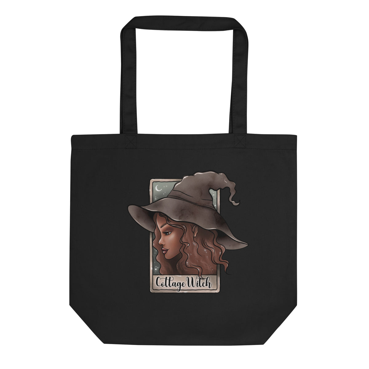 A black canvas tote bag with a graphic print of a tarot card featuring a woman in a witch hat and the text 'Collage Witch'.