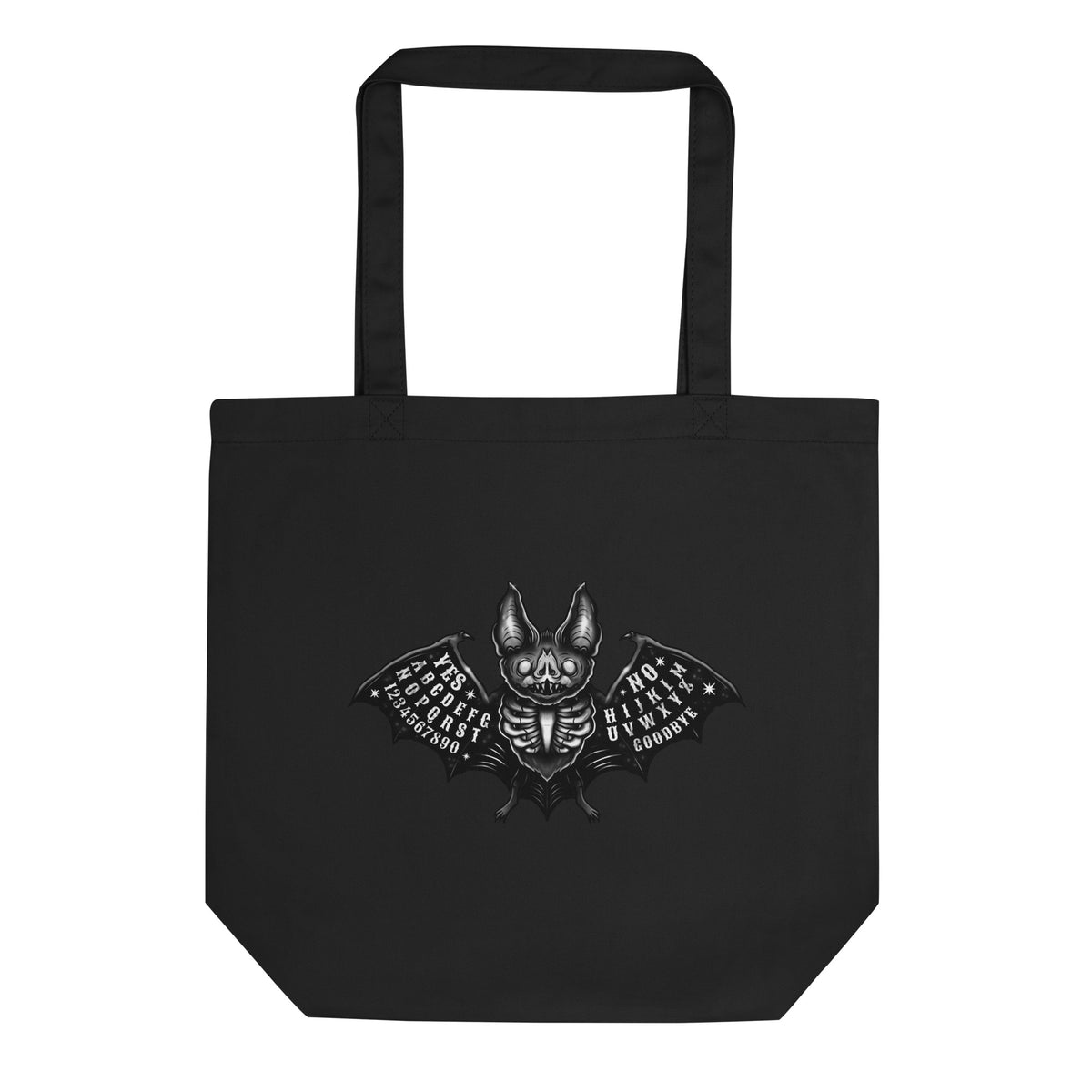 Black tote bag with 'ouija bat' text and symbol on a white background