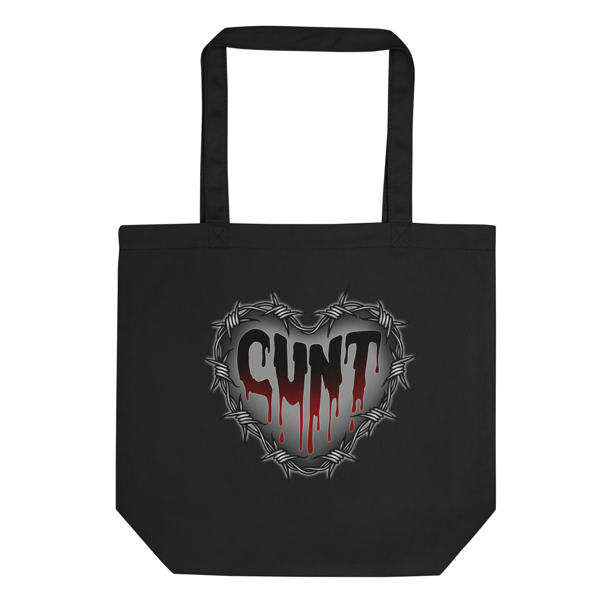 Black tote bag with a barbed wire heart with writing in the middle in dripping blood style 'cunt' design on a white background