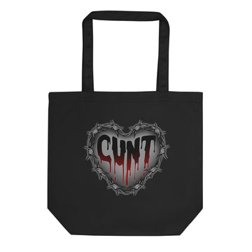 Black tote bag with a barbed wire heart with writing in the middle in dripping blood style 'cunt' design on a white background