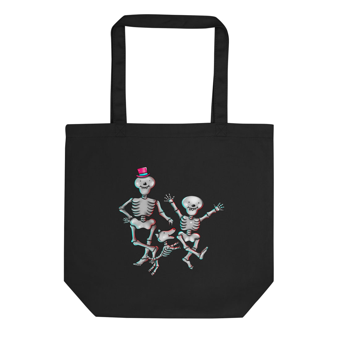 A black canvas tote bag with two handles, featuring a graphic print of two dancing skeletons in a 3D anaglyph style with red and blue color shifts. One skeleton wears a small red top hat.