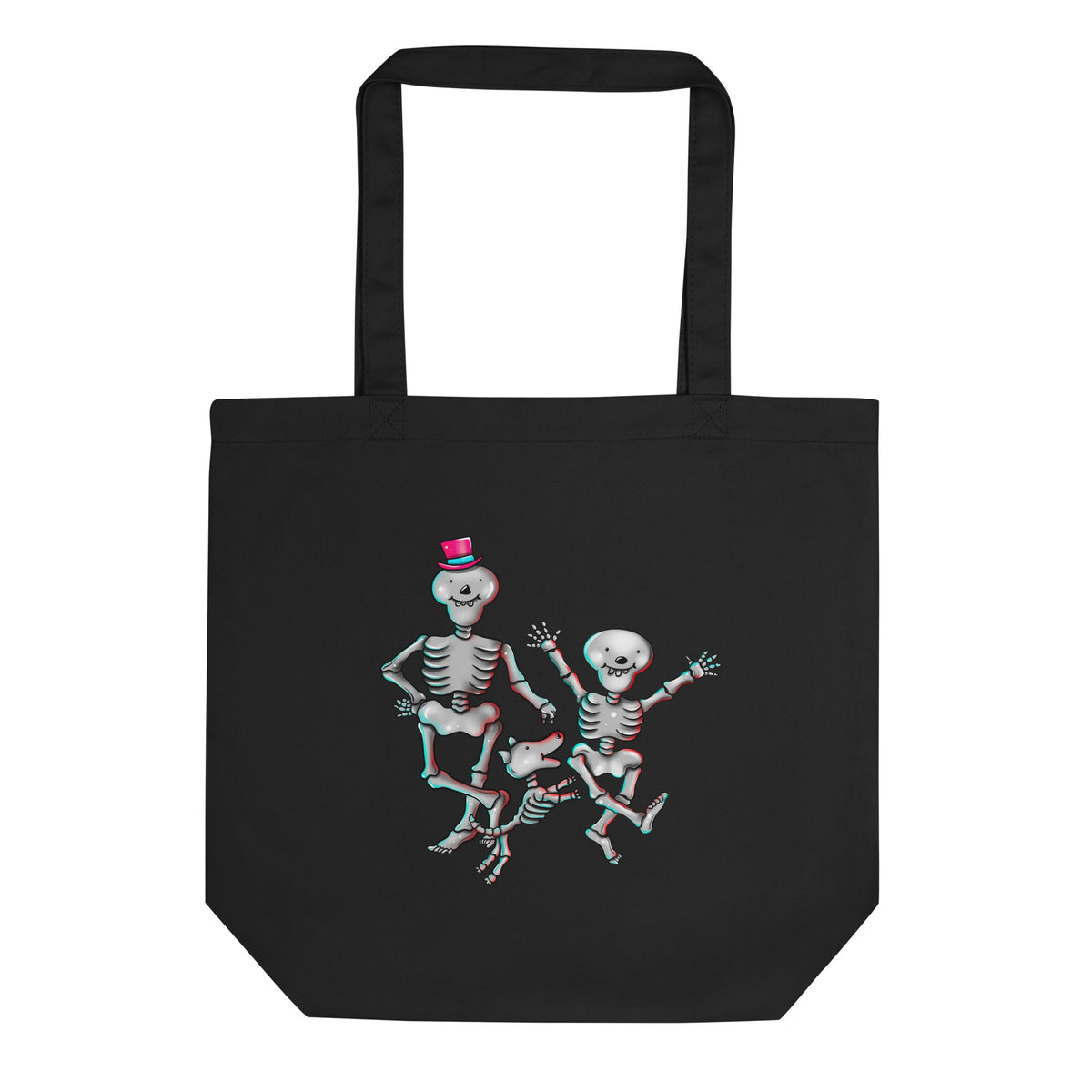A black canvas tote bag with two handles, featuring a graphic print of two dancing skeletons in a 3D anaglyph style with red and blue color shifts. One skeleton wears a small red top hat.