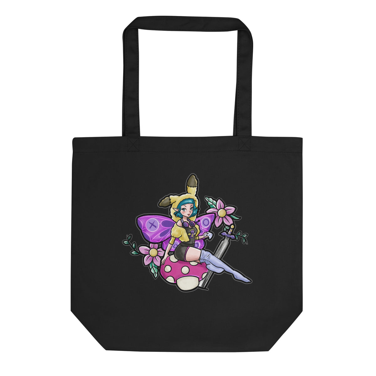 A black canvas tote bag with two black shoulder straps, featuring a colorful graphic print of a cartoon fairy sitting on a pink mushroom with flowers and a sword.