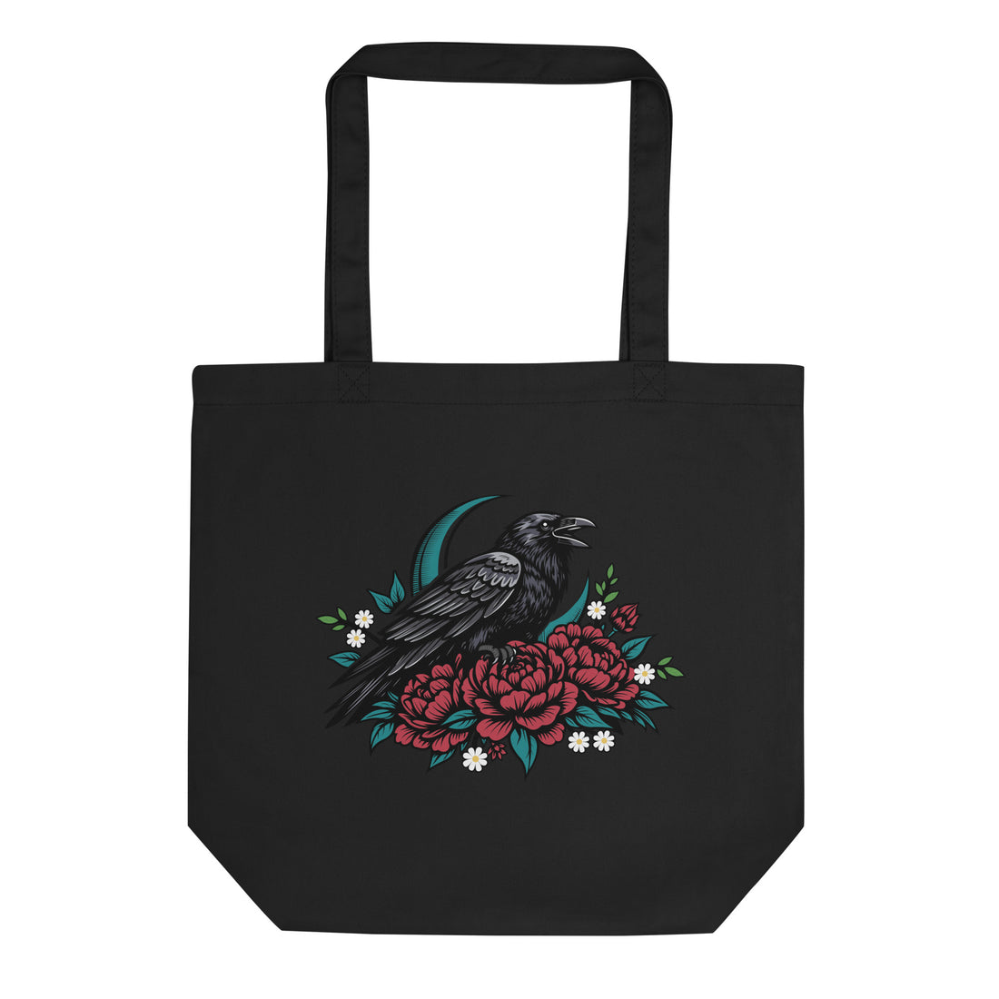 A black canvas tote bag with a graphic print of a black raven perched on red flowers with green leaves and small white blossoms, shown against a plain white background.