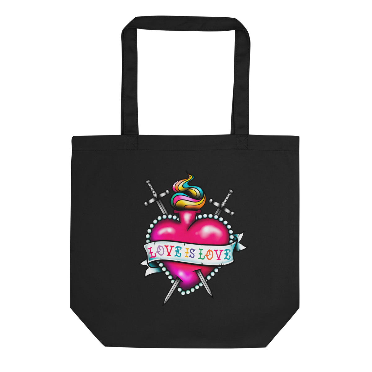 A black canvas tote bag with a colorful graphic on the front featuring a pink heart, crossed swords, a lollipop, and a banner that reads 'LOVE IS LOVE'.