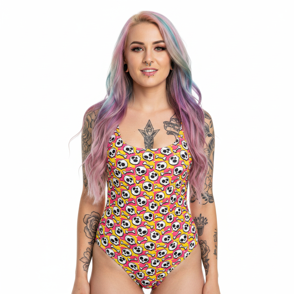 One-piece swimsuit with skull and crossbones pattern on a white background