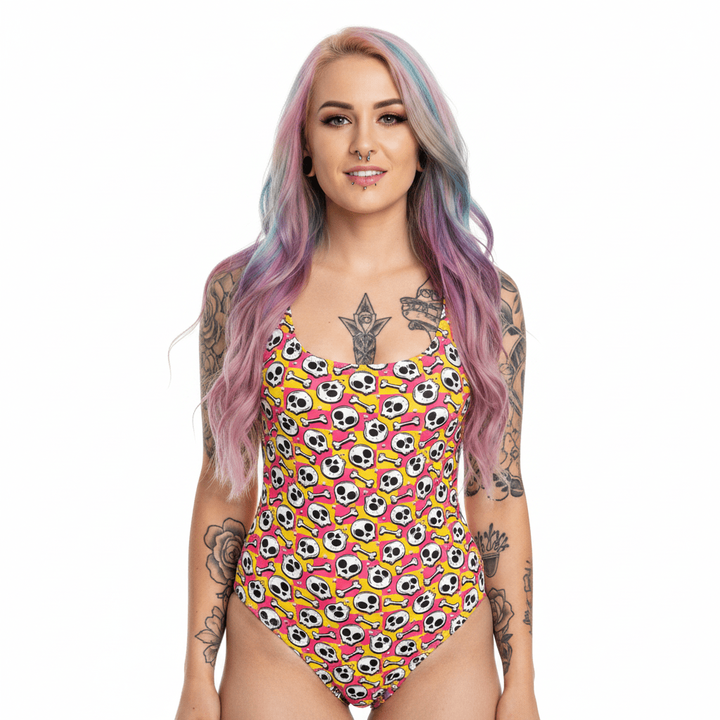 Handmade UK Swimsuit | Sizes 2XS to 7XL | Bonehead Fruit Salad Skulls - Designed By Debz