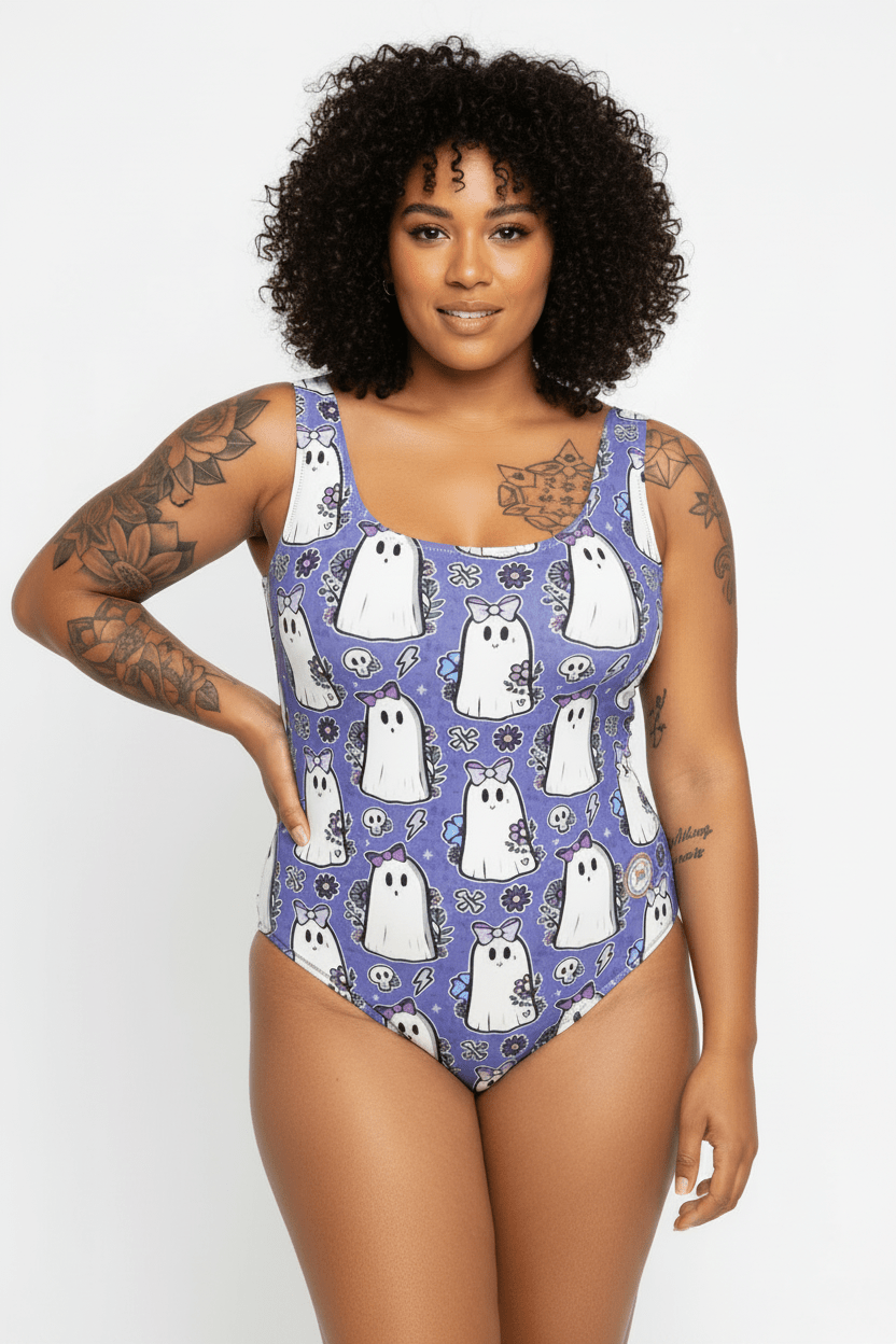 Handmade UK Swimsuit | Sizes 2XS to 7XL | Lilac Ghosts and Flowers - Designed By Debz