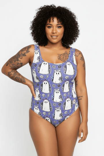Handmade UK Swimsuit | Sizes 2XS to 7XL | Lilac Ghosts and Flowers - Designed By Debz