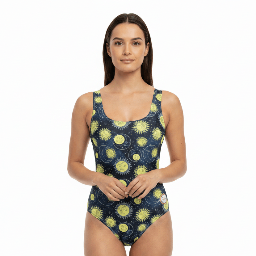 Handmade UK Swimsuit | Sizes 2XS to 7XL | Retro Suns and Moons - Designed By Debz