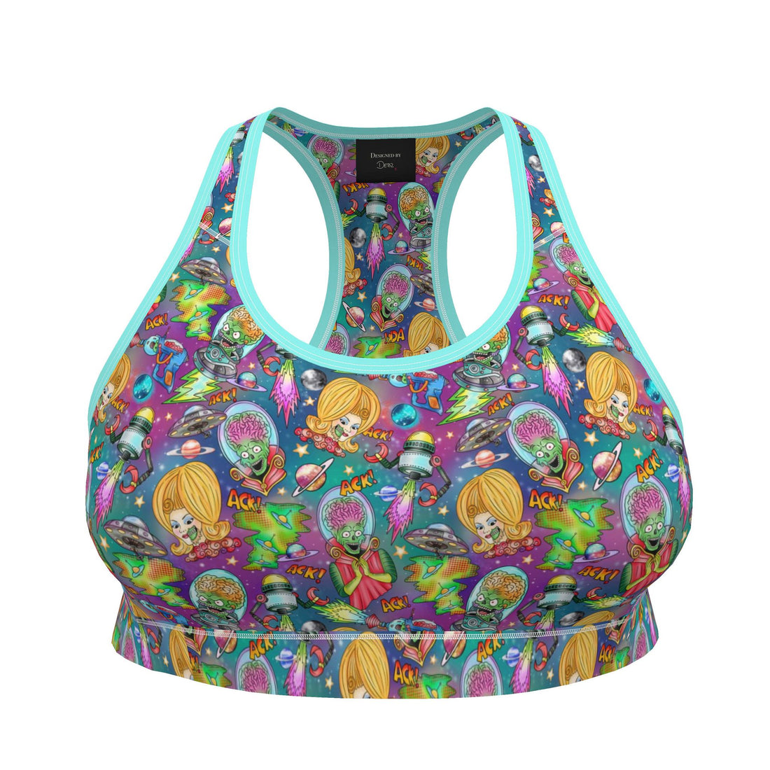 Contrado Mars Attacks sports bra with aliens and flying saucers print, handmade to order, featuring vibrant sci-fi themed design.