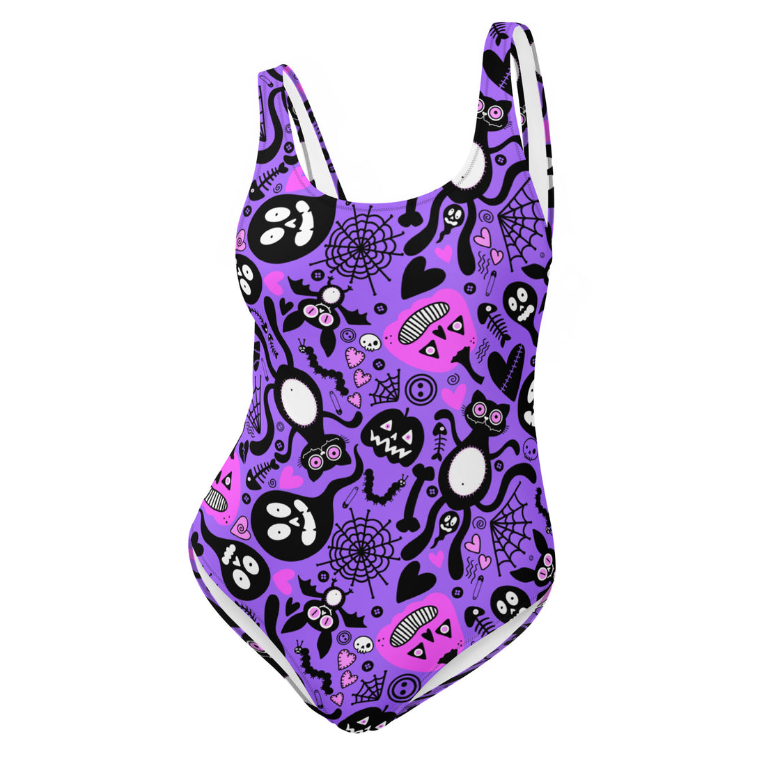 Pink, purple, black, and white one-piece swimsuit featuring cute creepy monster Halloween print by Printful.