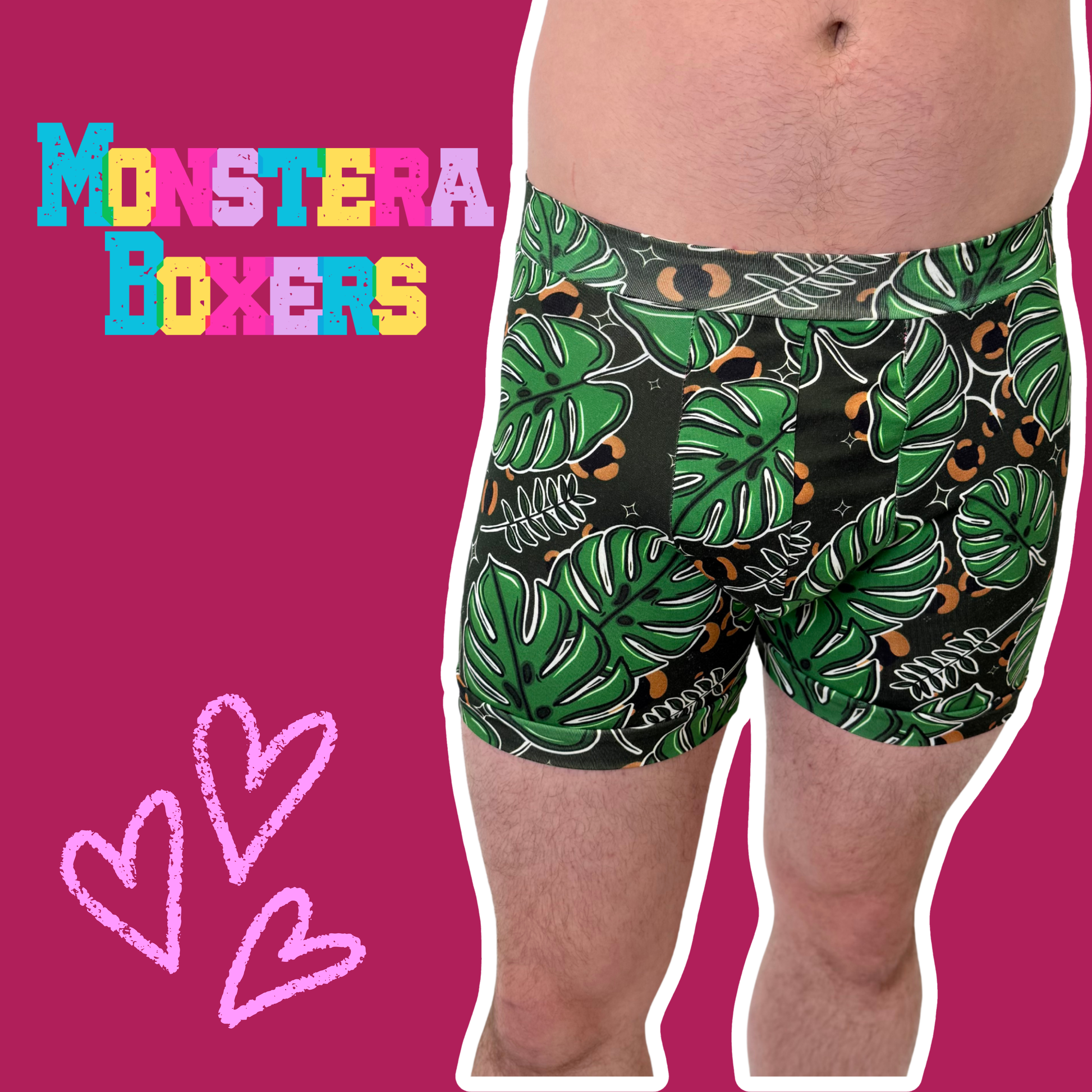 Organic cotton boxers featuring Monstera plant print by Designed By Debz, showcasing a comfortable, stylish men's underwear design.