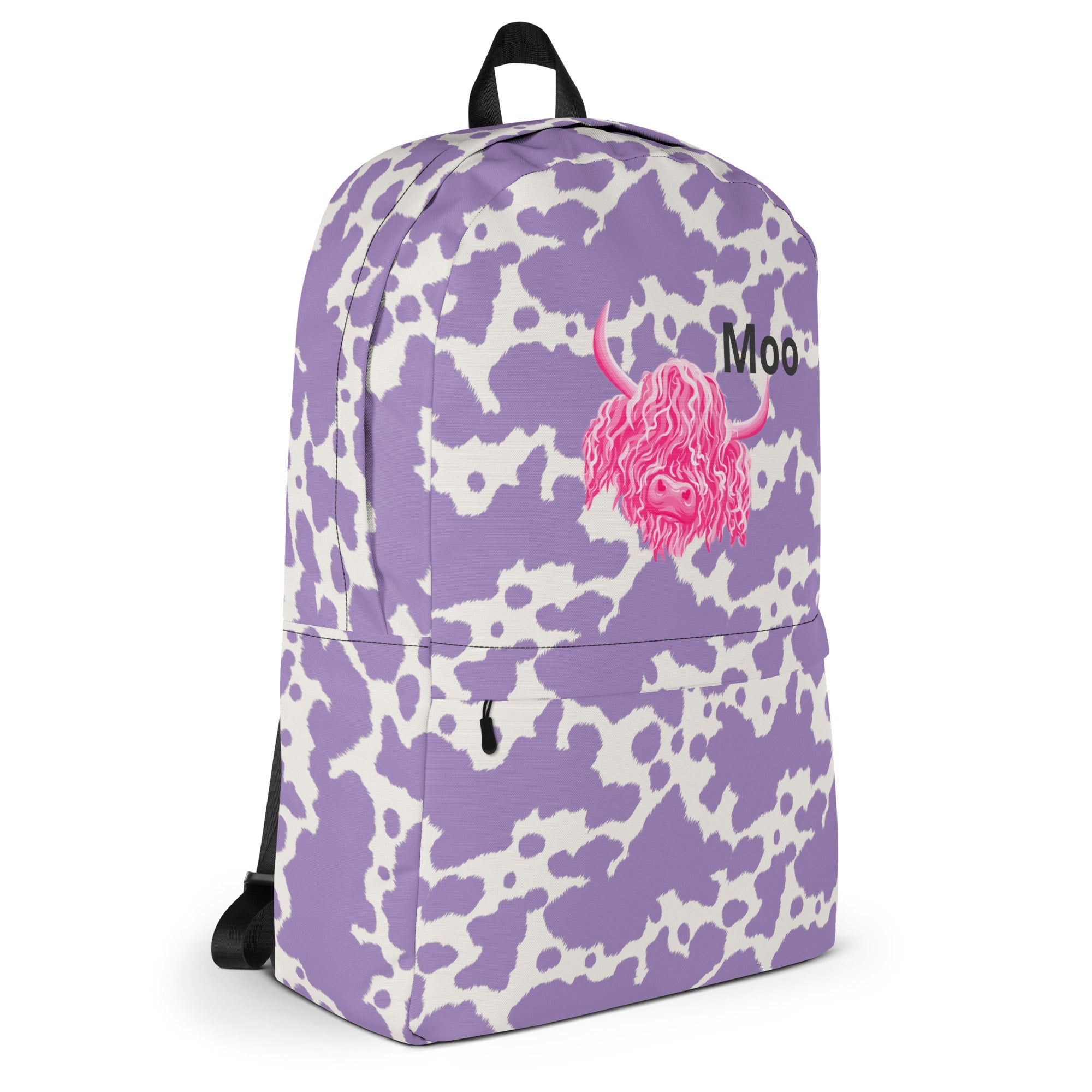 Lilac cow print backpack by Designed By Debz, pink cow-themed laptop backpack with adjustable straps and spacious interior.