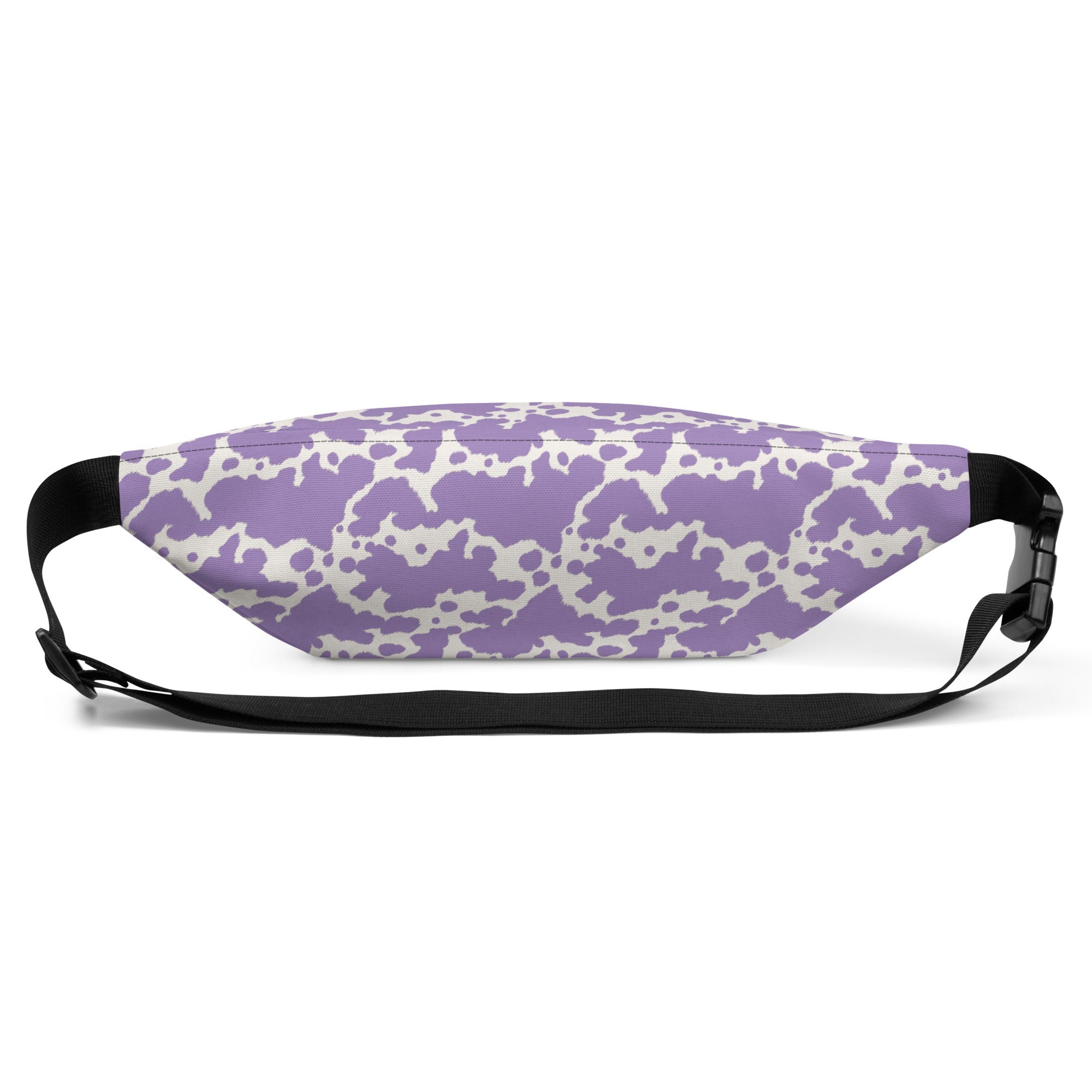 Pink Moo Lilac Cow Print Bum Bag by Printful featuring a cute pink cow design and adjustable strap.