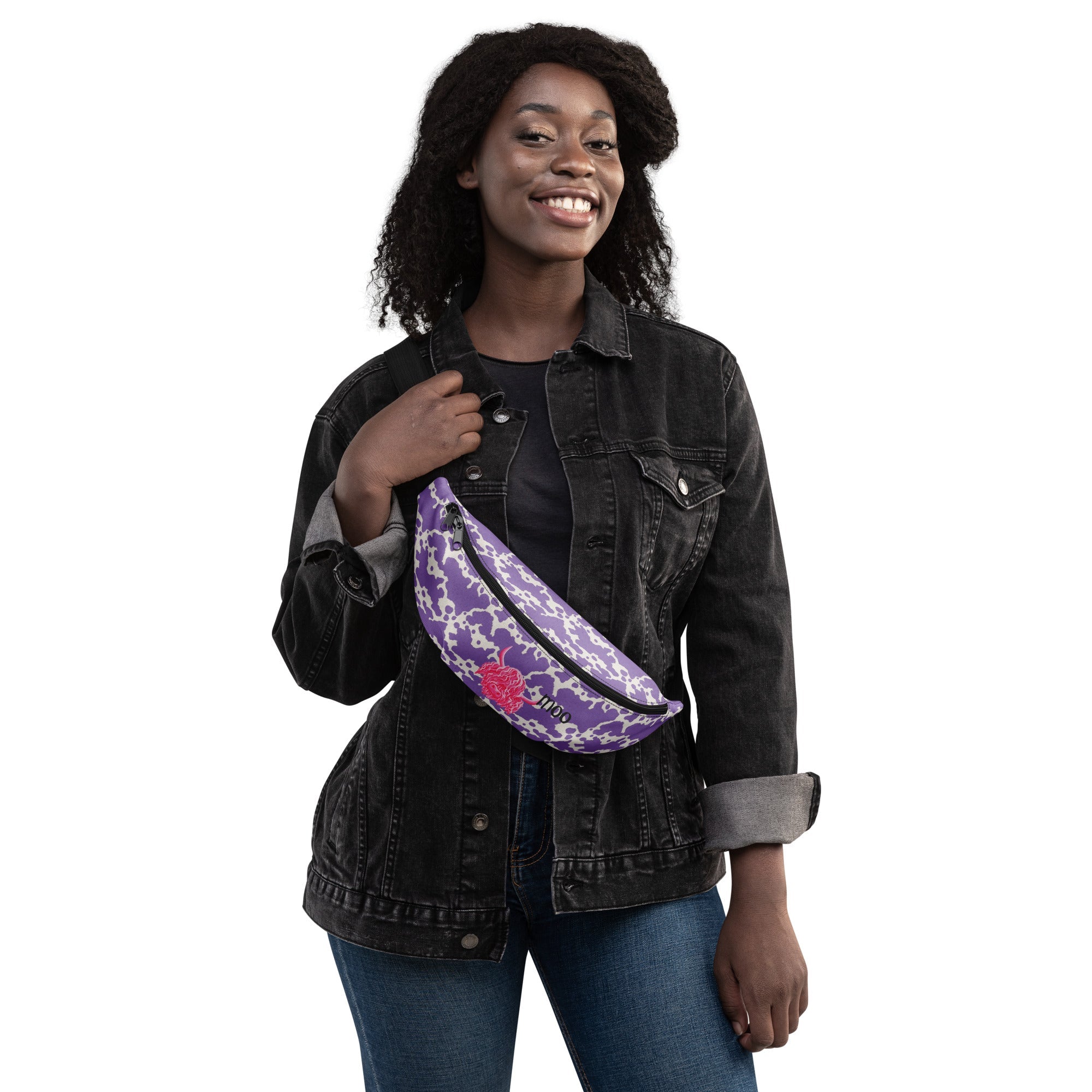 Pink Moo Lilac Cow Print Bum Bag by Printful, cute fanny pack with lilac cow pattern and adjustable strap.